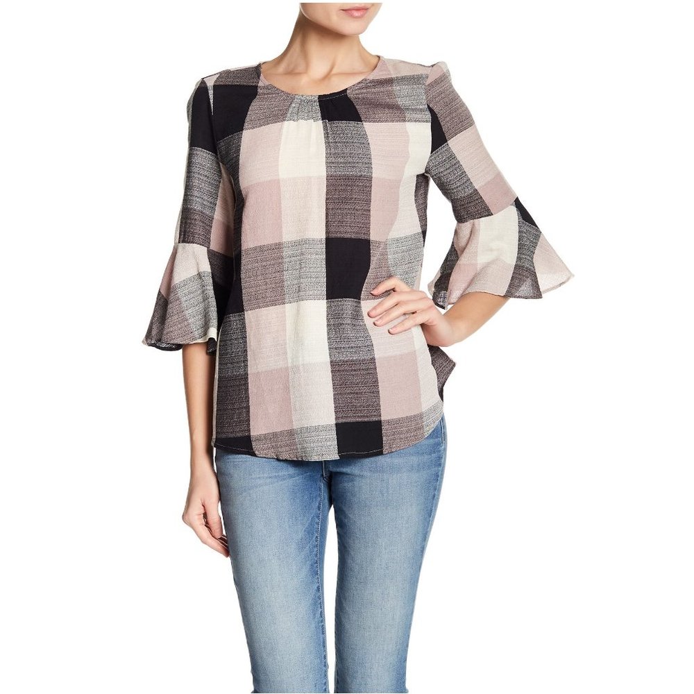 Anthro RO & DE Bell Sleeve Plaid Tie-Back Top sz S - Picture 9 of 10
